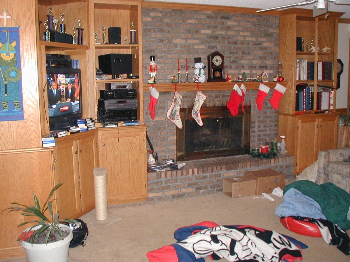 The family room used to be all dark brown barn siding.  It was remodeled fairly quickly.  There are bookshelves all over.  Stockings are hanging, since the pictures were taken soon after Christmas.