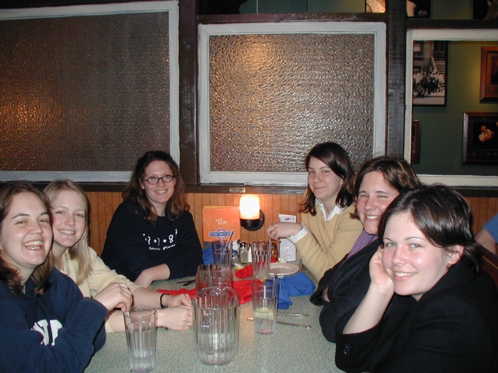 Becki, Becki's sister, Jess, Christy, Lindsy, and Rachel waiting for food at Old Chicago.