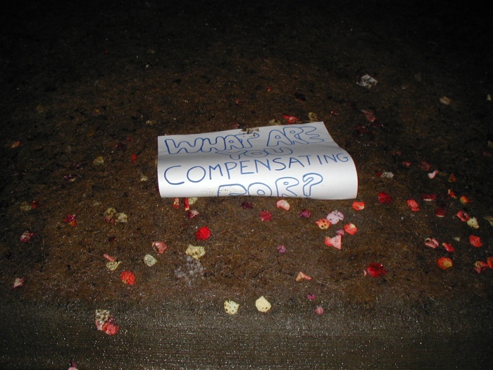 A sign left on the ground by the rose petals.
