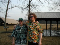Shannon and Russ at the park, in their new shirts from Ragstock.