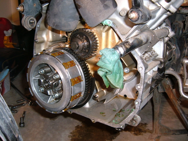 The front cover off.  That's the clutch in the lower left.
