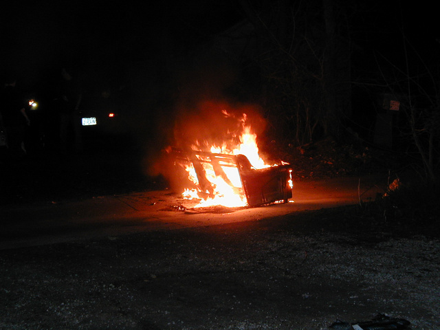 A burning couch.  It was in an alley, I took the "lawn" method of finding it, so I'm not sure exactly where it was.
